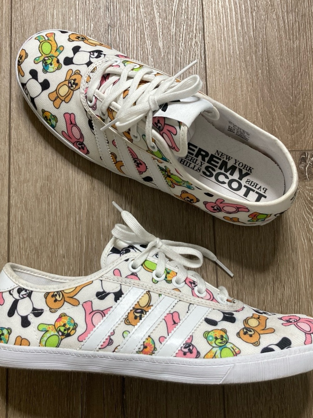 Jeremy Scott Adidas P Sole White Canvas Sneakers Multicolor Teddy Bear Print
